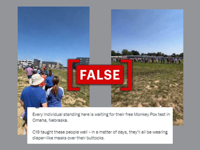 The image shows screenshots of social media posts falsely claiming that the video shows people standing in long queues to get tested for mpox. (Source: X/Modified by Logically Facts)